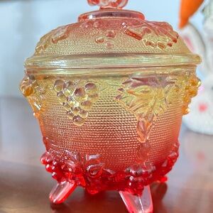 Jeannette Glass Amberina Grape & Vine Footed Candy Dish & Lid